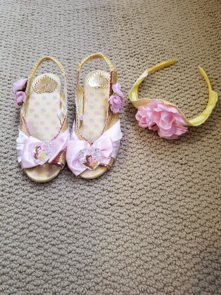 Disney store princess Belle headpiece and little kid shoes size 9/10...Not plastic toy shoes.