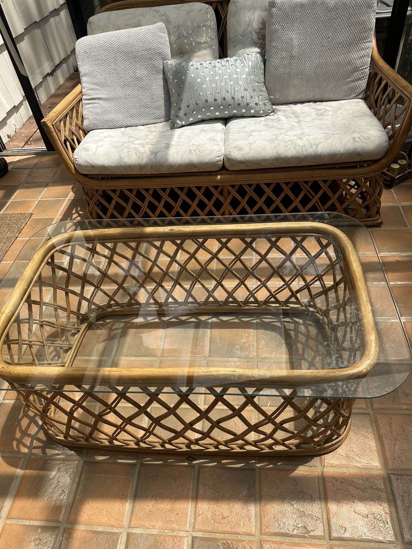 Rattan Sofa, chair and Glass Table Set
