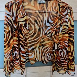Animal Print Mesh Shrug Tie Front Flared Sleeve  Cardigan Blouse Top size L