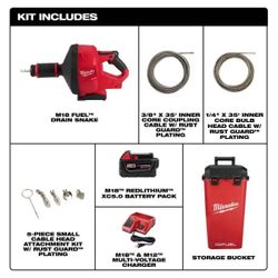 M18 FUEL 18-Volt Lithium-Ion Cordless Drain Cleaning Snake Auger with 1/4 in. and 3/8 in. Cable Drive Kit