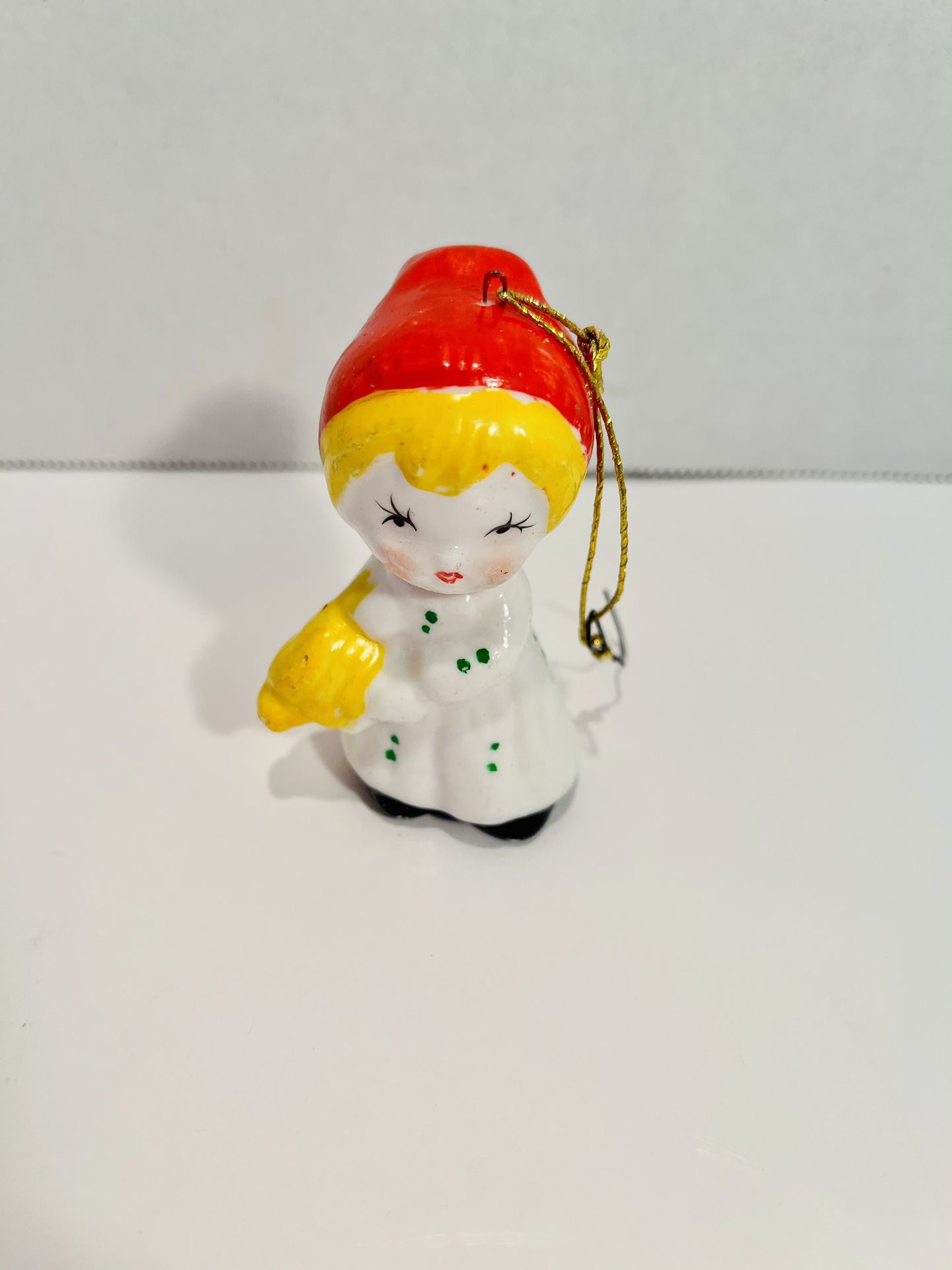 Genuine Bone China Girl With Red Hat Christmas Ornament Vintage Taiwan