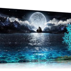 aburaeart Moon Sea Ocean Large Canvas Wall-Art For Living Room - Blue Tree Wall Decor - Large Artwork On Canvas Print Ready To Hang 29" x 59"
