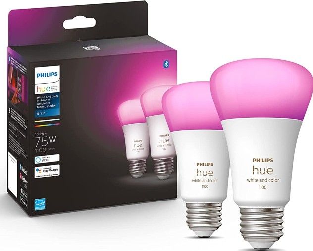 Philips Hue 2-Pack White and Color A19 Medium Lumen Smart Bulb, 1100 Lumens, Bluetooth & Zigbee Compatible (Hue Hub Optional), Compatible with Alexa &