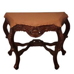 A High-Quality Rococo-Style Carved 38"×30"×13" Walnut Wall Console Table With Leather-Inlaid Tabletop.