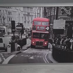 Large London City Wall Art – Modern Black & White w/ Red Bus (40” x 55”)