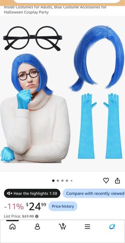 NEW! Sadness Cosplay Wig, Glasses & Gloves Set