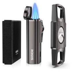 Cigar Lighter and Cutter Set, Adjustable Jet Flame Torch Lighter and Cigar Cutter, Windproof Cigarette Lighters, Great Gift Idea for Father's Day and