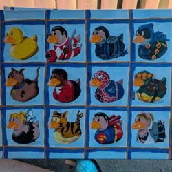 Drawn Superhero Rubber Ducks On Canvas 