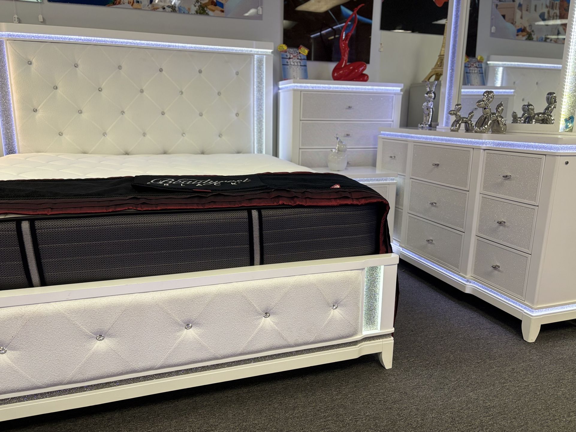 White Led Bedroom Set W/ Glitter Accents & Free Nightstand & MATTRESS! Labor Day Sale Now!