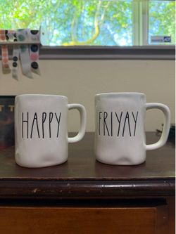 Rae Dunn Magenta Ceramic Coffee Mug Cup HAPPY And FRIYAY Set Of 2