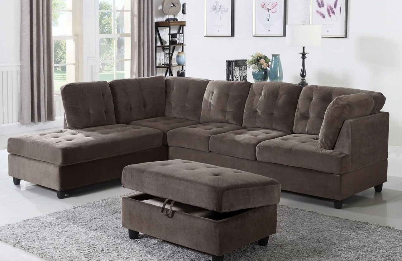 COSTCO Brown Chenille Sectional Couch And Ottoman