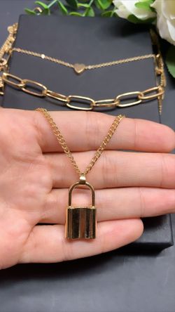 18K Gold Plated Heart Necklace Triple Layer Lover Lock Pendant, Gold Color