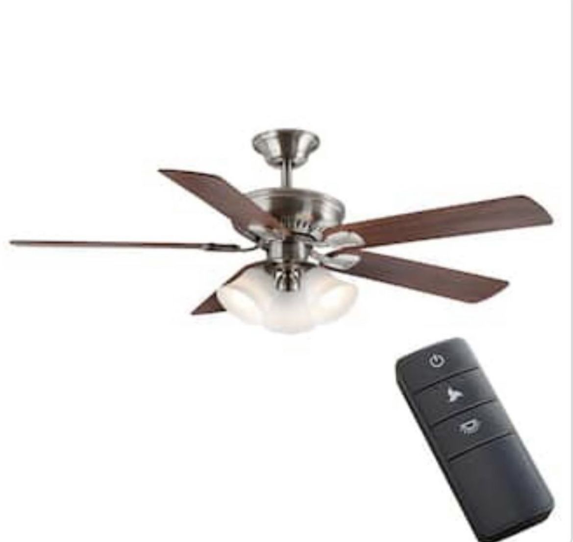 Brand New In The Box. Hampton Bay Campbell 52 in. Indoor LED Brushed Nickel Ceiling Fan with Light Kit, Downrod, Reversible Blades and Remote