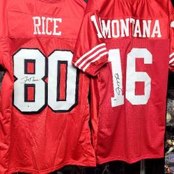 49ERS JERRY RICE AND JOE MONTANA SIGNED CUSTOM JERSEYS 