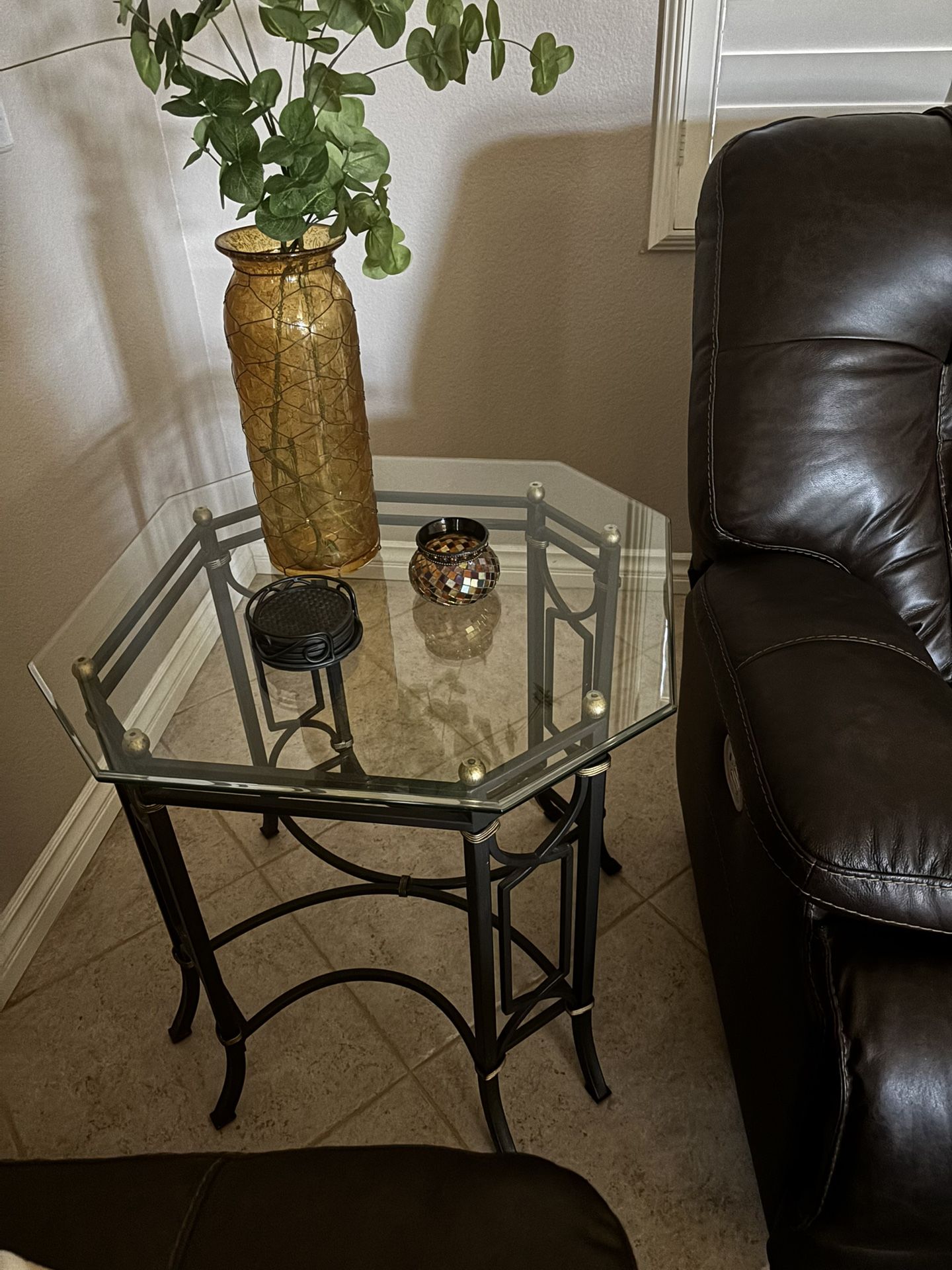 2 Wrought iron square end tables with glass top 