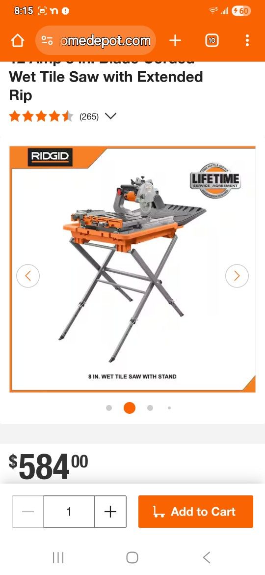 Rigid 8 Inch Tile Saw With Stand Brand New