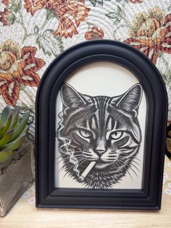 smoking Cat pic Actually frame is 8 1/2 x 6 1/2 Image 5x7 frame is sturdy plastic and glass