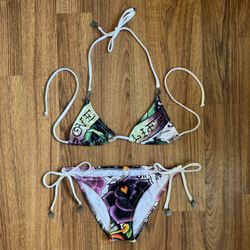 ED HARDY Vintage Y2K Rare White Love Life Rose String Triangle Edgy Bikini Set