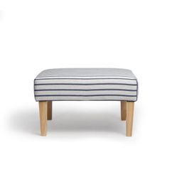 Luxury Coastal Modern Upholstered Ottoman With Wooden Legs, Navy Large Stripes