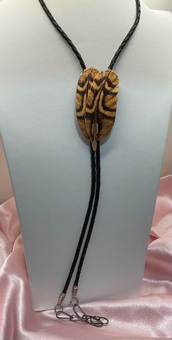 Vintage Hand Carved Bolo Tie by William Roger Jennings. Sage Grouse Feather