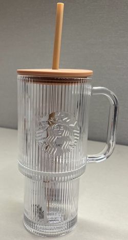 Starbucks Ribbed Glass Tumbler with Handle and Straw