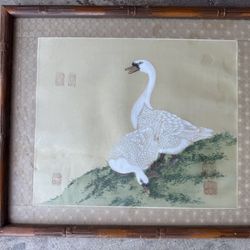 Antique Chinese Oil Painting On Silk White Geese Framed 