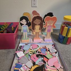 Pre-loved Magnetic Doll Dress-up with different kind of  clothing & accessories,  110 Pcs Magnetic Building Tiles & Uno Stacko