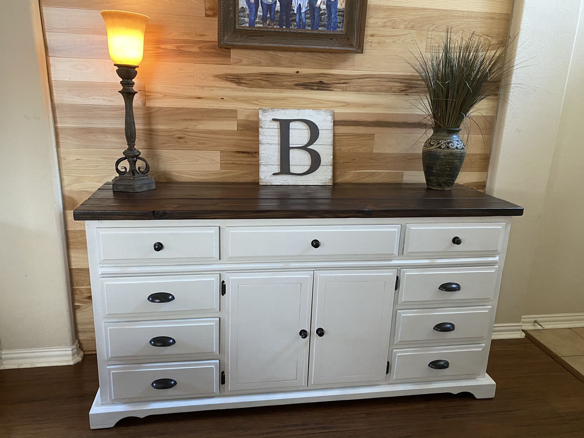 Extra large solid farmhouse style wood dresser, entry table, or TV console. $425