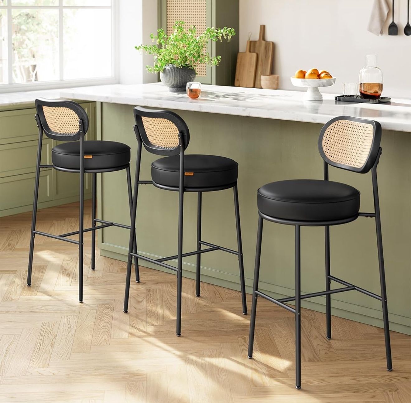 Bar Stools Set of 4. Bar Height Stools with Rattan Back and Metal Legs, 30.1-Inch Tall Counter Chairs, Modern Leather Upholstered Barstool