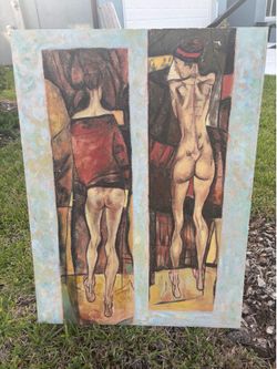 Large Original Signed Figurative Painting – Mid Century Style
