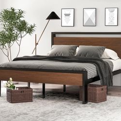King Size Metal Platform Bed Frame with Wooden Headboard and Footboard, Mattress Foundation