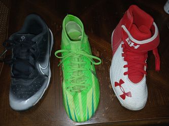 Boys Baseball Cleets. RED- SIZE 3.5, Black Size-5 & Green Size 7. $7 each