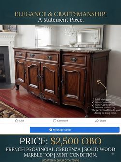 French Provincial Solid Wood Credenza with Marble Top