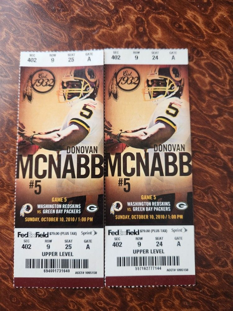 PACKERS At REDSKINS 10/10/2010 TICKET STUBS Donovan McNabb Front Of Ticket