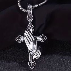STAINLESS PRAYING HANDS N CROSS Holding Rosary 