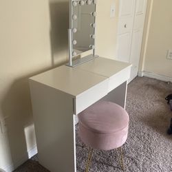 Vanity With Adjustable Light Mirror And Chair