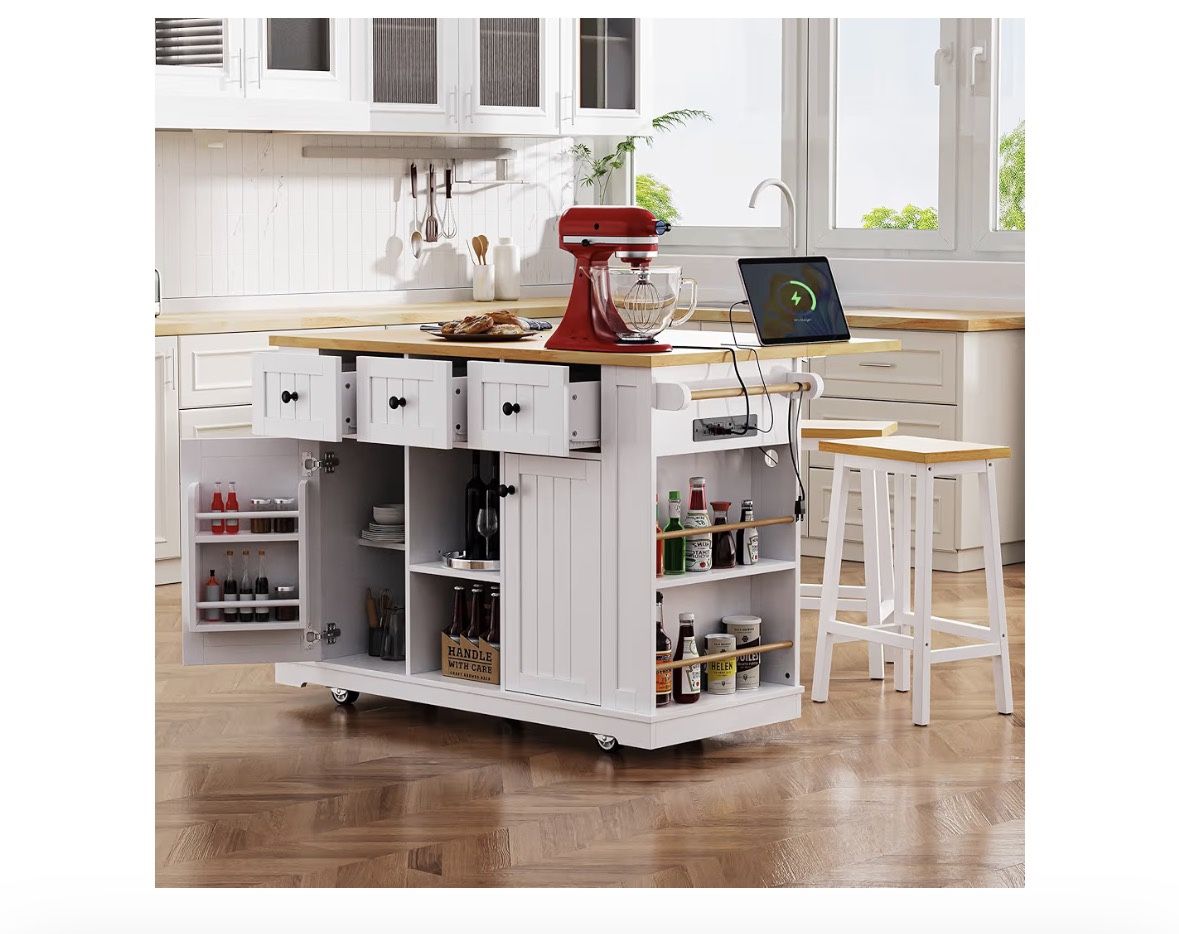 Merax 53" Kitchen Cart Island on Wheels with Power Outlet,Drop Leaf,3 Drawers and 5 Open Side Racks,Wood Storage Cabinet