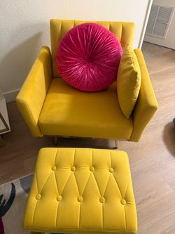 Mustard Yellow Accent Chair + Ottoman & Pillows