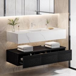 🚨 Modern Floating Vanity 60" w/ Engineered Marble Sinks & 3-Drawer Storage w/ LED Mirror🚨