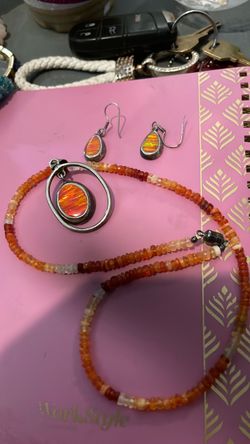 Fire Opal Pendant Necklace and Earring Set
