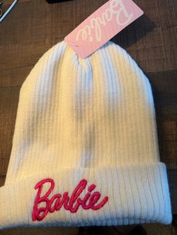 NWT Barbie White Embroidered Ribbed Beanie Hat Pink Logo