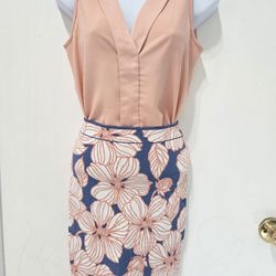 Peach sleeveless blouse & floral pencil skirt – 2-piece outfit