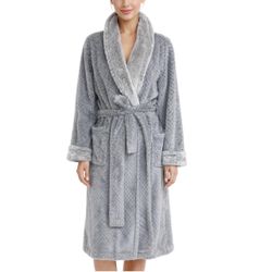 Carole Hochman Grey Plush Robe Faux Fur Collar Textured Soft Spa Bathrobe Large 