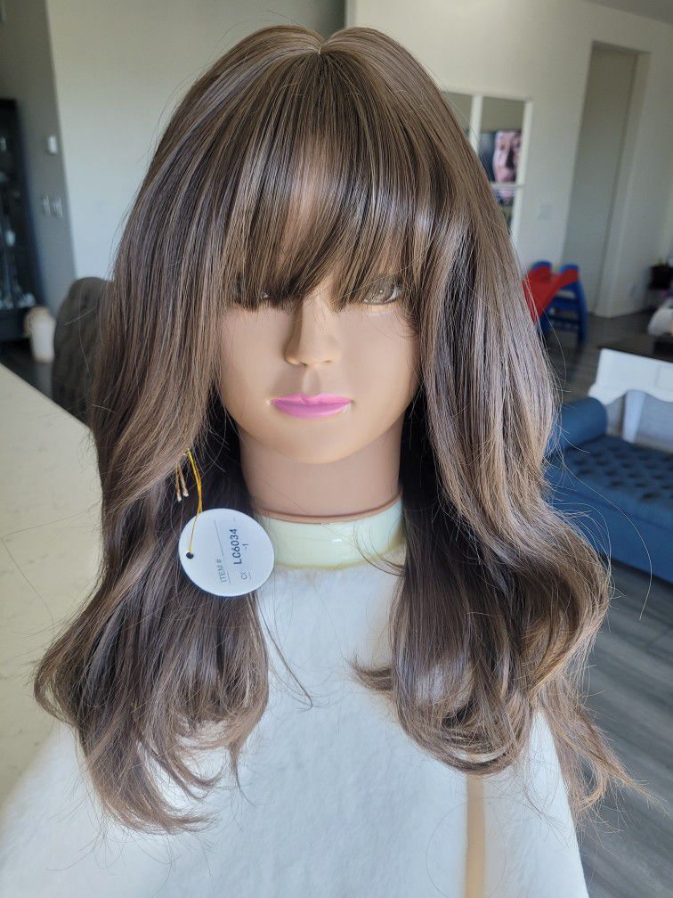 Caramel Brown 18inches Synthethic Wig with Bangs, Mid Part, Heat Resistance, High Fiber 