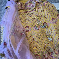 Mehendi Bridal Yellow And Pink  3 Piece Dress Lehenga, Choli and Dupta