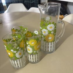 Mid Century West Virginia Picket Fence & Daisy Glass Pitcher Set