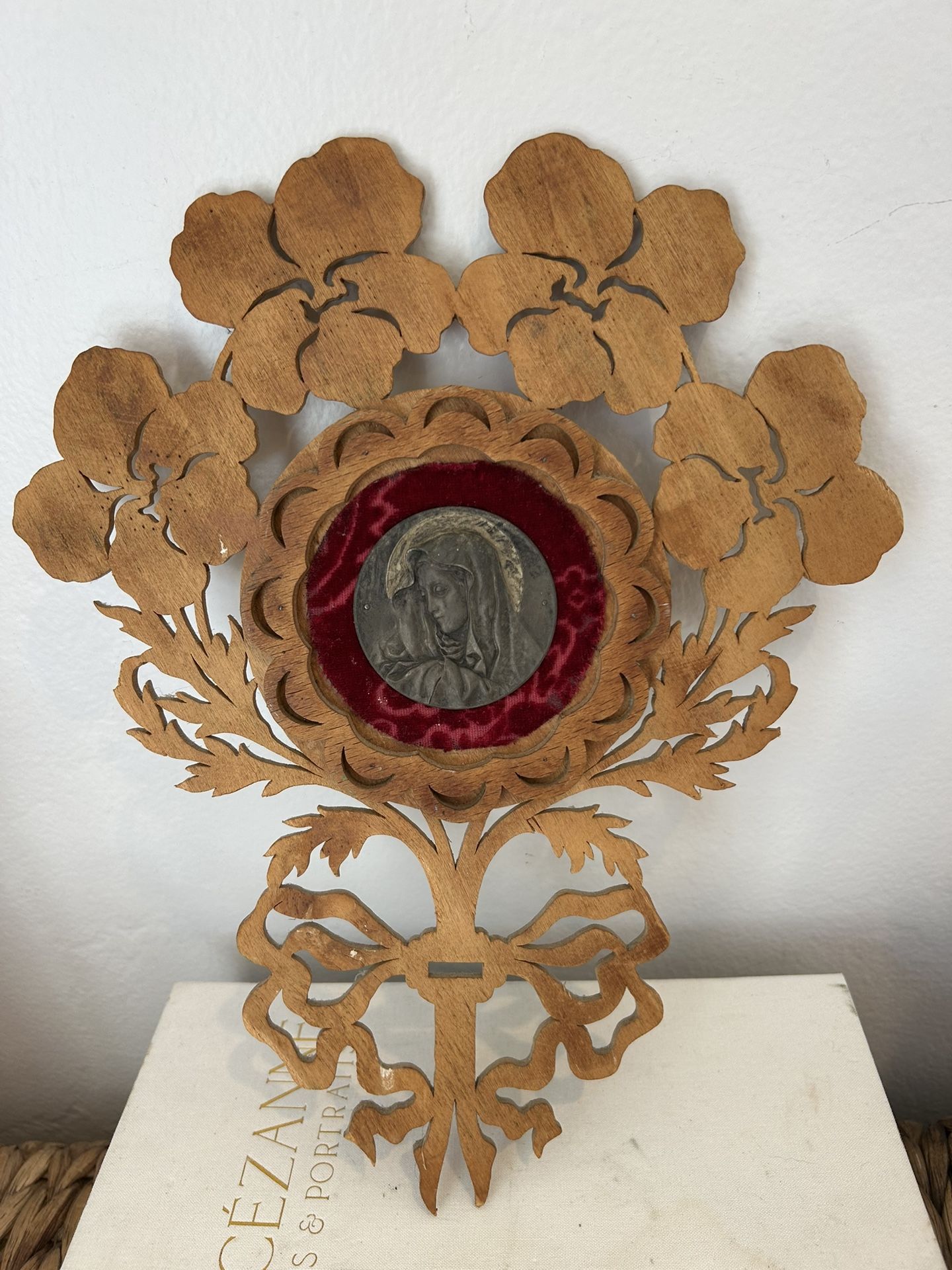 Rare Vintage Madonna Mary Velvet Wood Carved Wall Art Handcrafted Signed Estate Fine Collectible Antique Protection Unique Trinket Sculpture