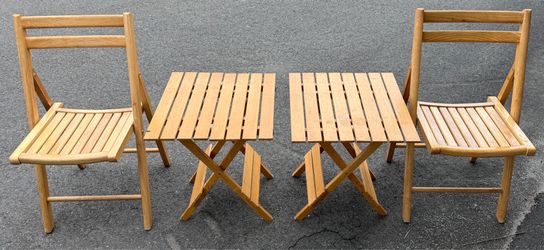 Vintage Set of (2) MCM Slatted Folding Trieste Chairs with (2) Matching Folding Side Tables