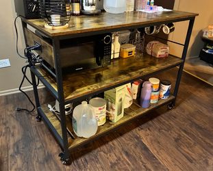 Kitchen Island with Power Outlet, Rolling Kitchen Cart with Wine Rack & Glass Holder & Hooks