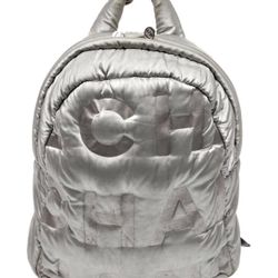 Authentic Chanel Large Puffy Doudoune Silver Nylon Backpack